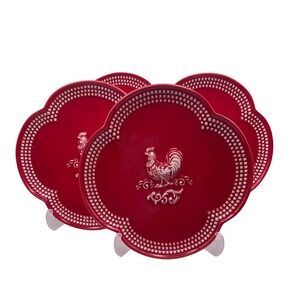 Temptations Doodle Doo Red Rooster Salad Plates Set 4 Farmhouse Cottagecore 7.5"
